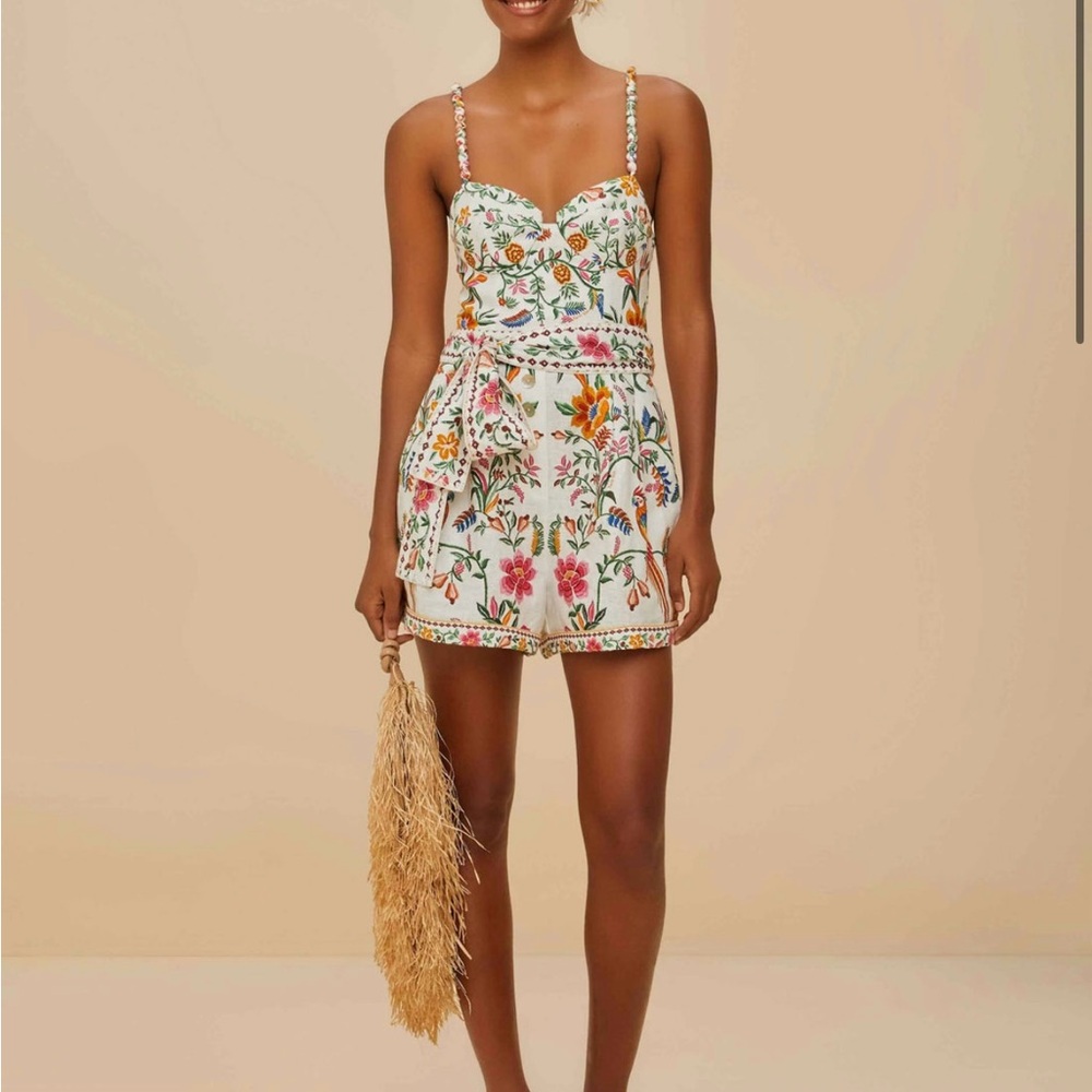 NWT-Farm Rio Delicate Forest Off-White Romper- Premium Linen SM